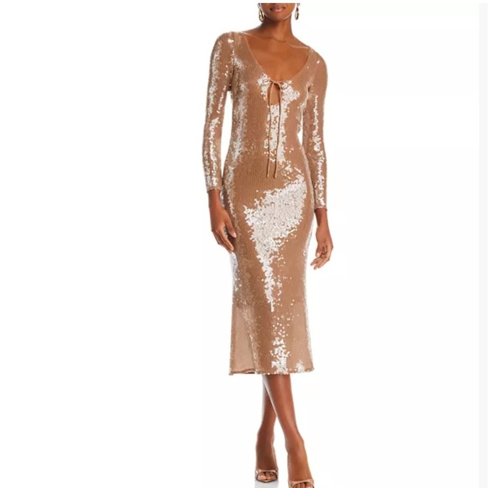 Bardot Sequin Open Back Midi‎ Dress Tan Champagne Long Sleeve Tie Neck Size 6